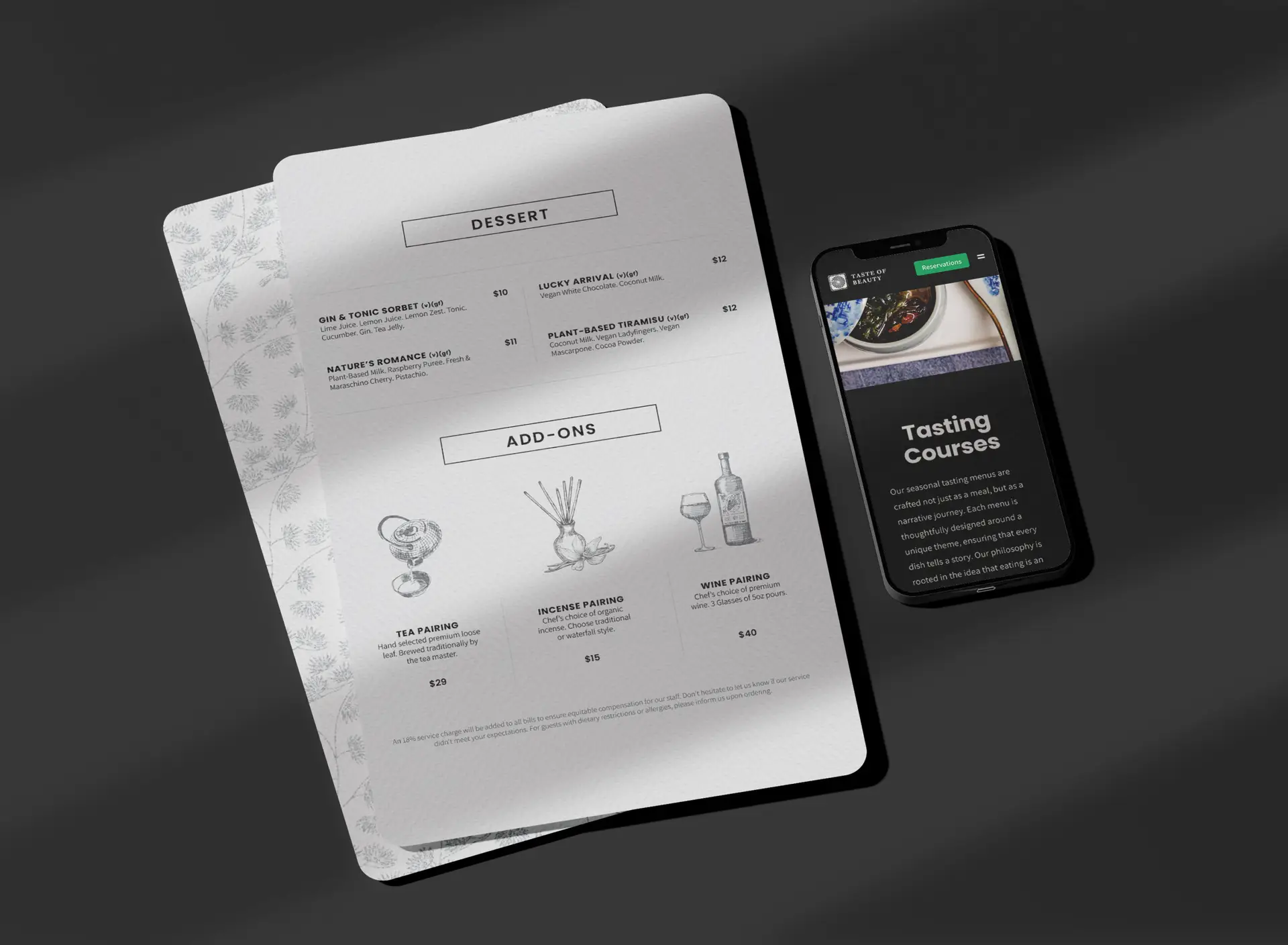 Restaurant dessert and add-ons menu with smartphone