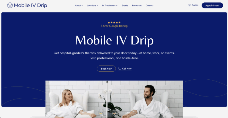 Mobile IV therapy service advertisement with couple relaxing.