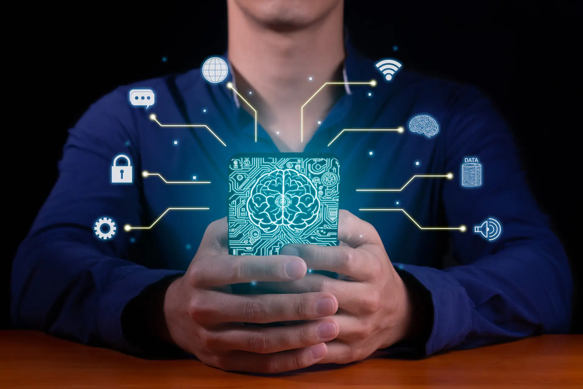 Person holding phone with digital neural network overlay.