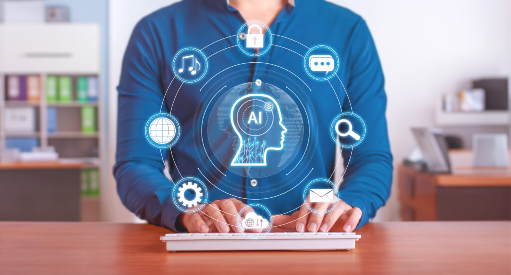 Person typing, AI concepts overlay