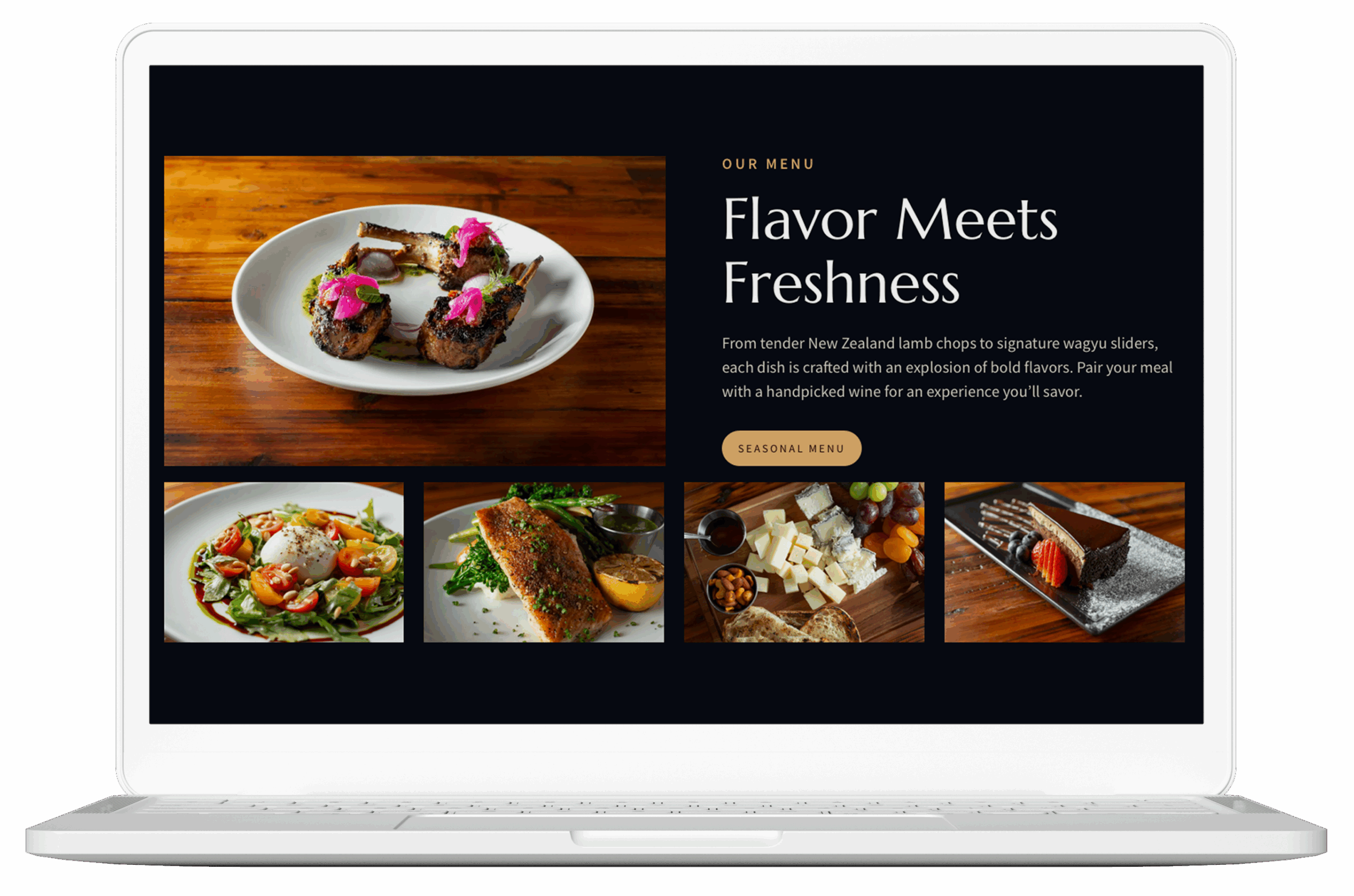 Restaurant menu showcasing flavorful and fresh gourmet dishes.