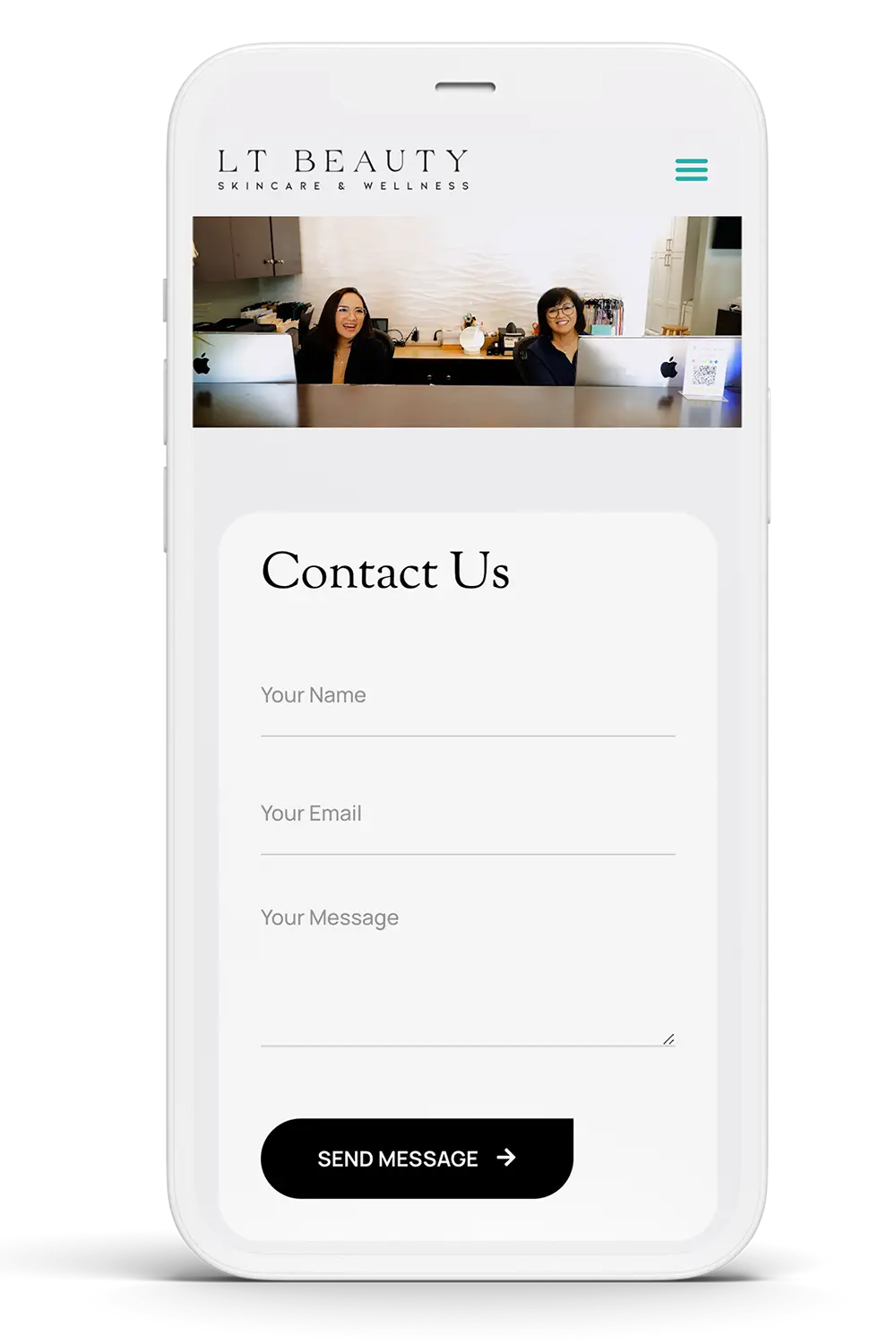 LT Beauty contact page on smartphone