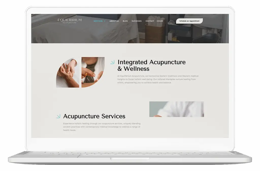 Equilibrium Acupuncture services webpage on laptop