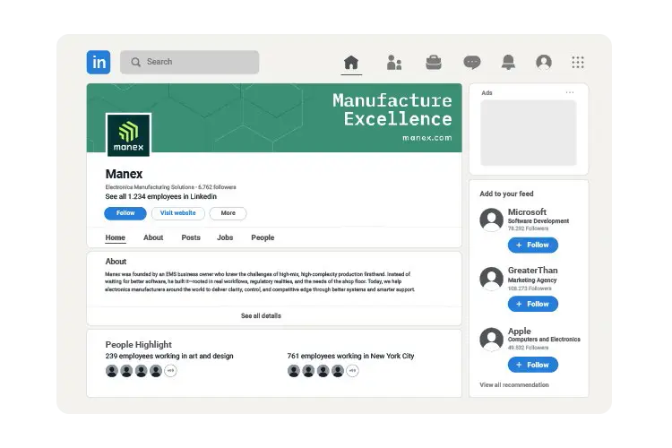 LinkedIn profile page of Manex company.