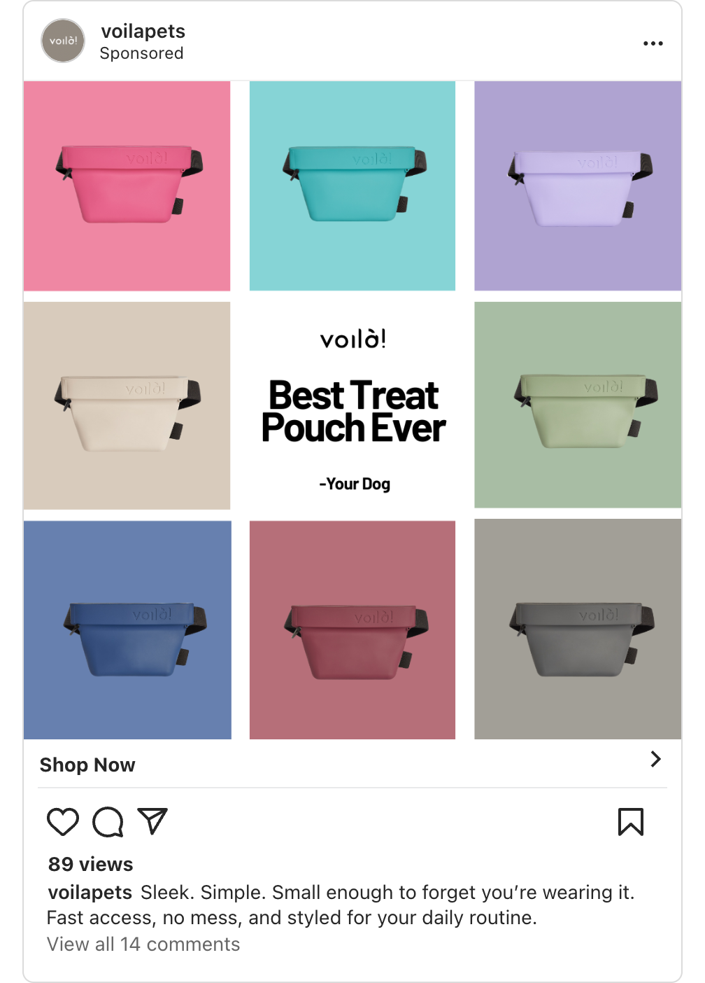 Colorful dog treat pouches by Voilapets.