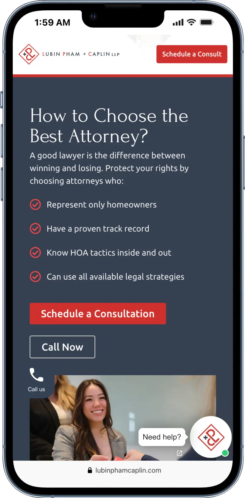 Attorney consultation website on mobile screen