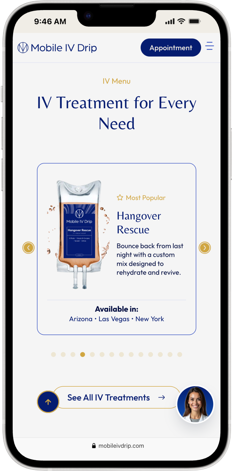 Mobile IV Drip hangover treatment webpage