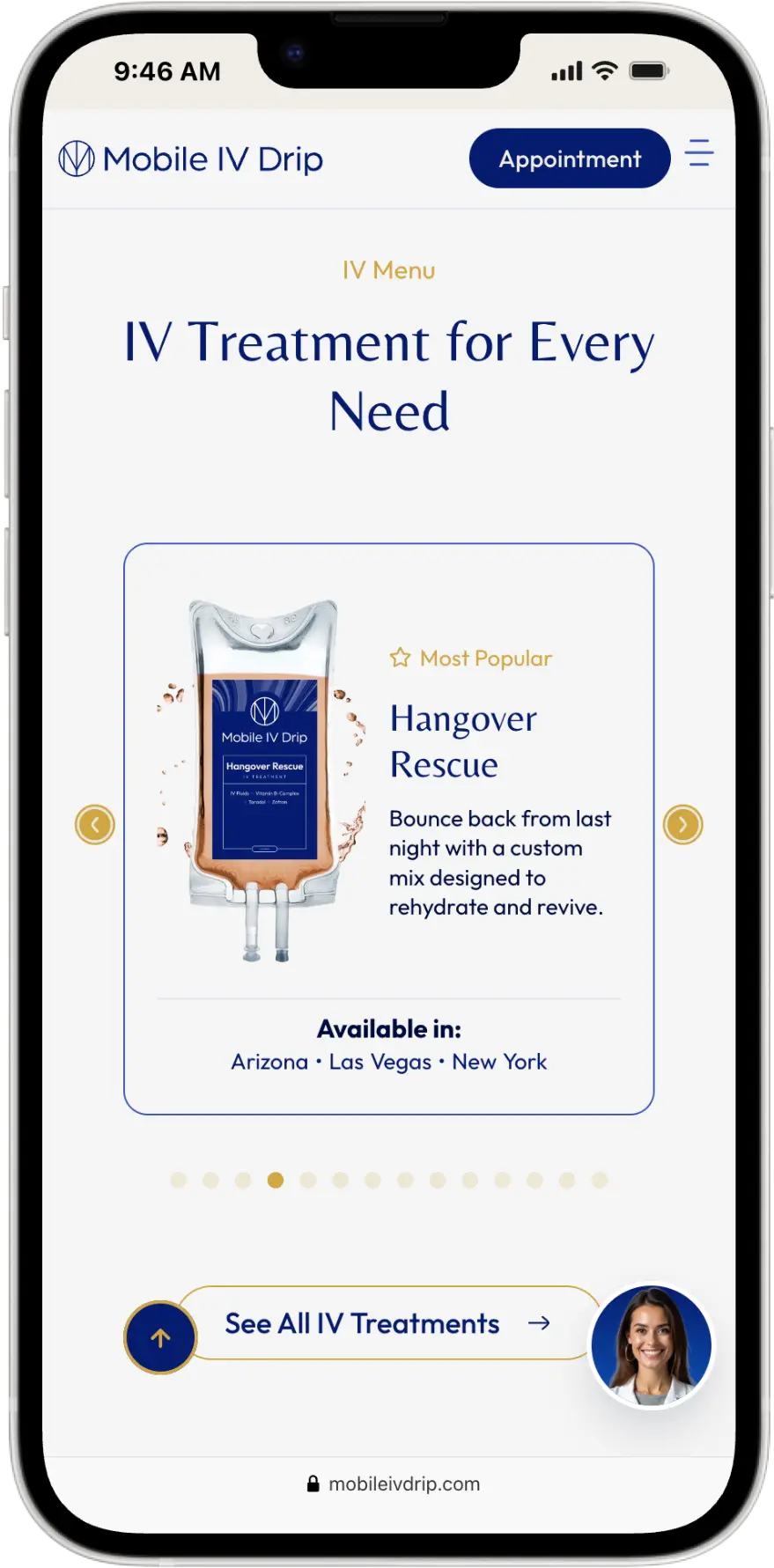Mobile IV Drip hangover treatment webpage