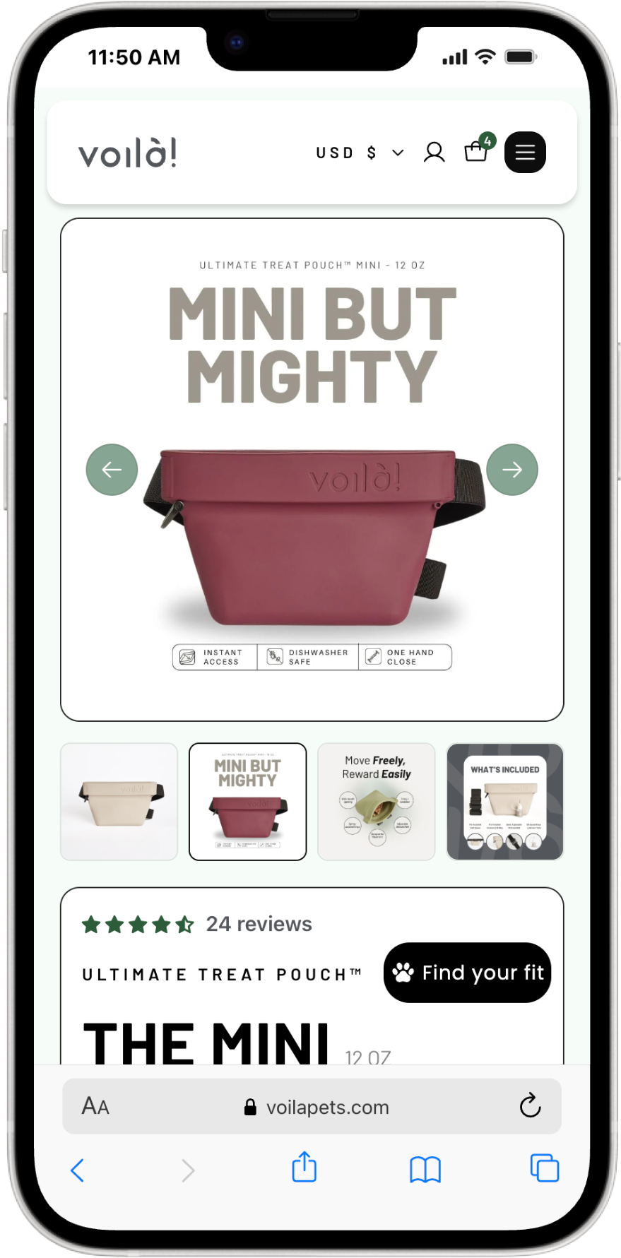 Voila mini treat pouch product page on phone