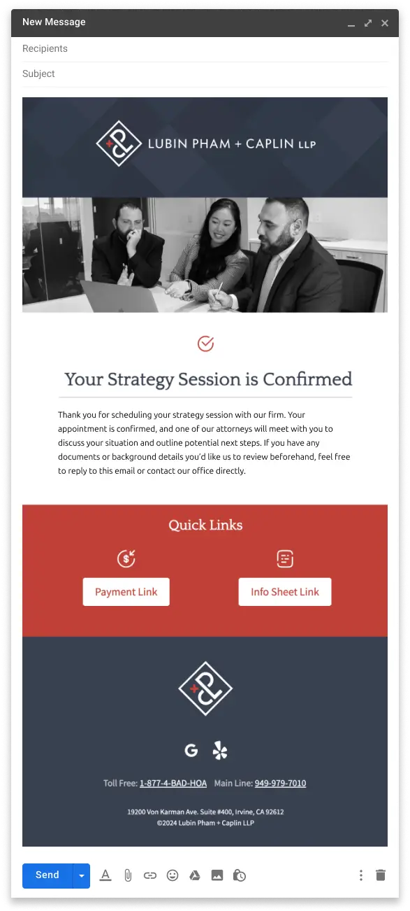 Law firm strategy session confirmation email