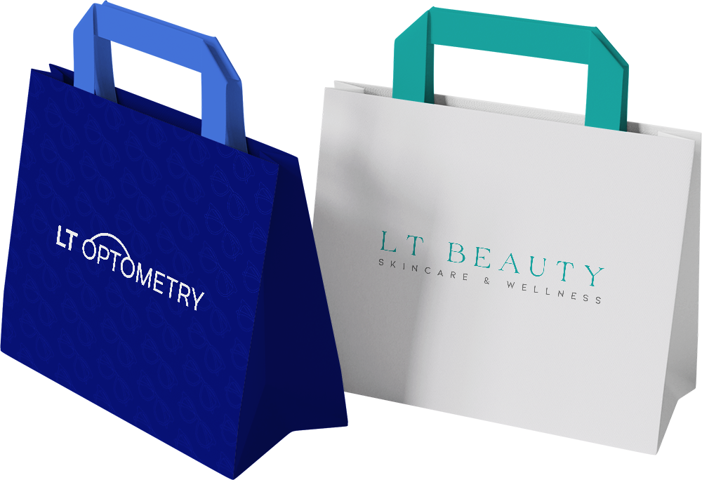 Two branded shopping bags for LT Optometry and LT Beauty