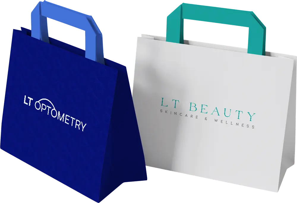 Two branded shopping bags for LT Optometry and LT Beauty