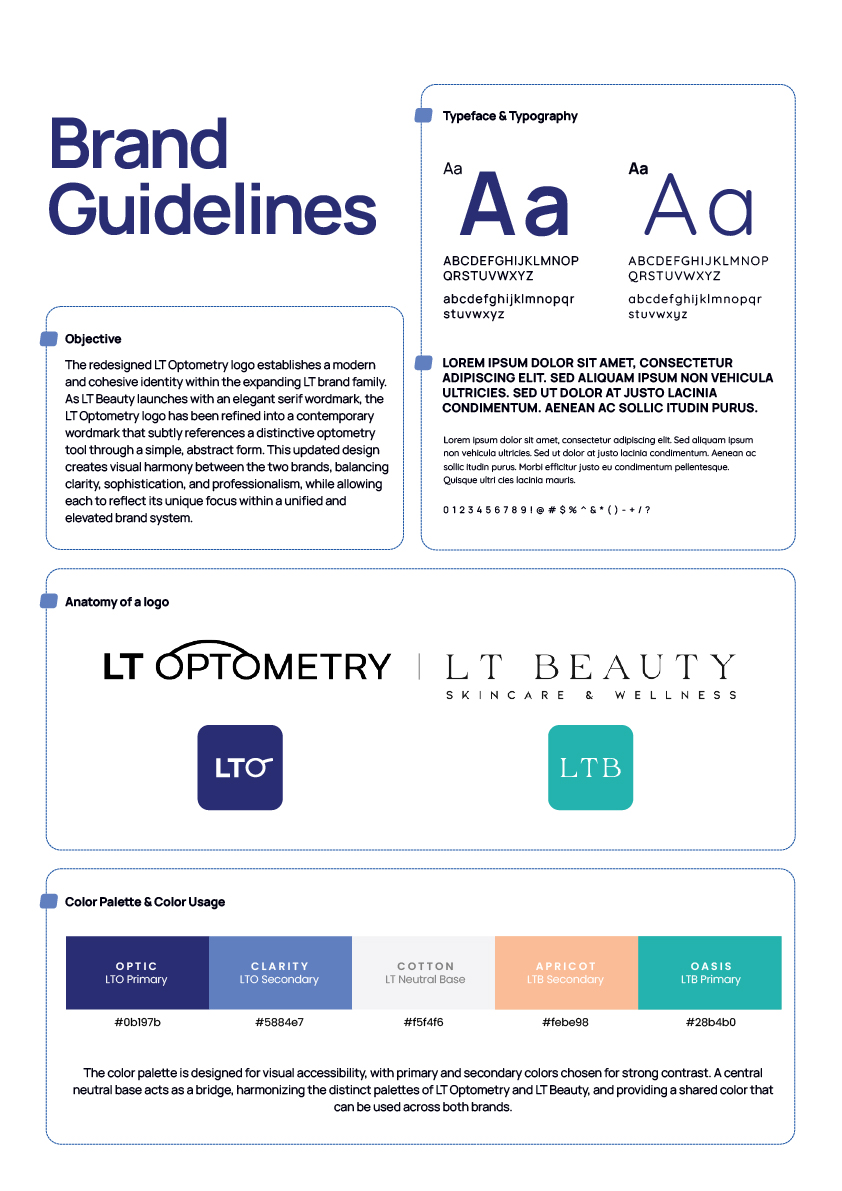 LT brand guidelines with logo, fonts, and colors.