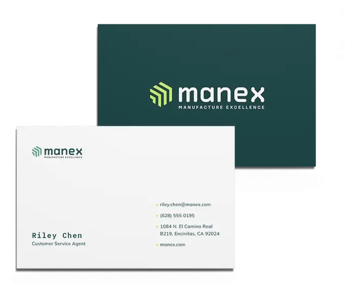 Manex business cards on display.