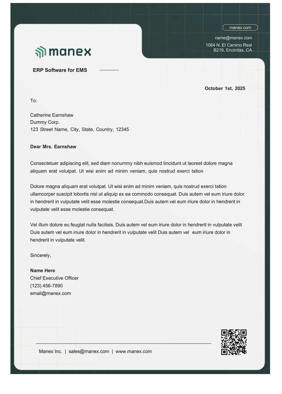 Business letter with contact details and lorem ipsum text.