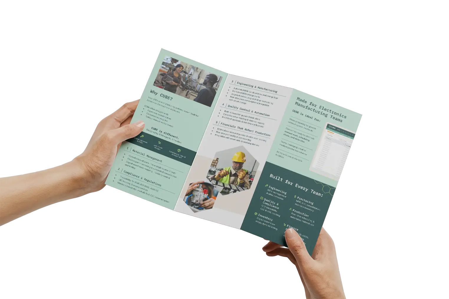 Person holding electronics manufacturing brochure.