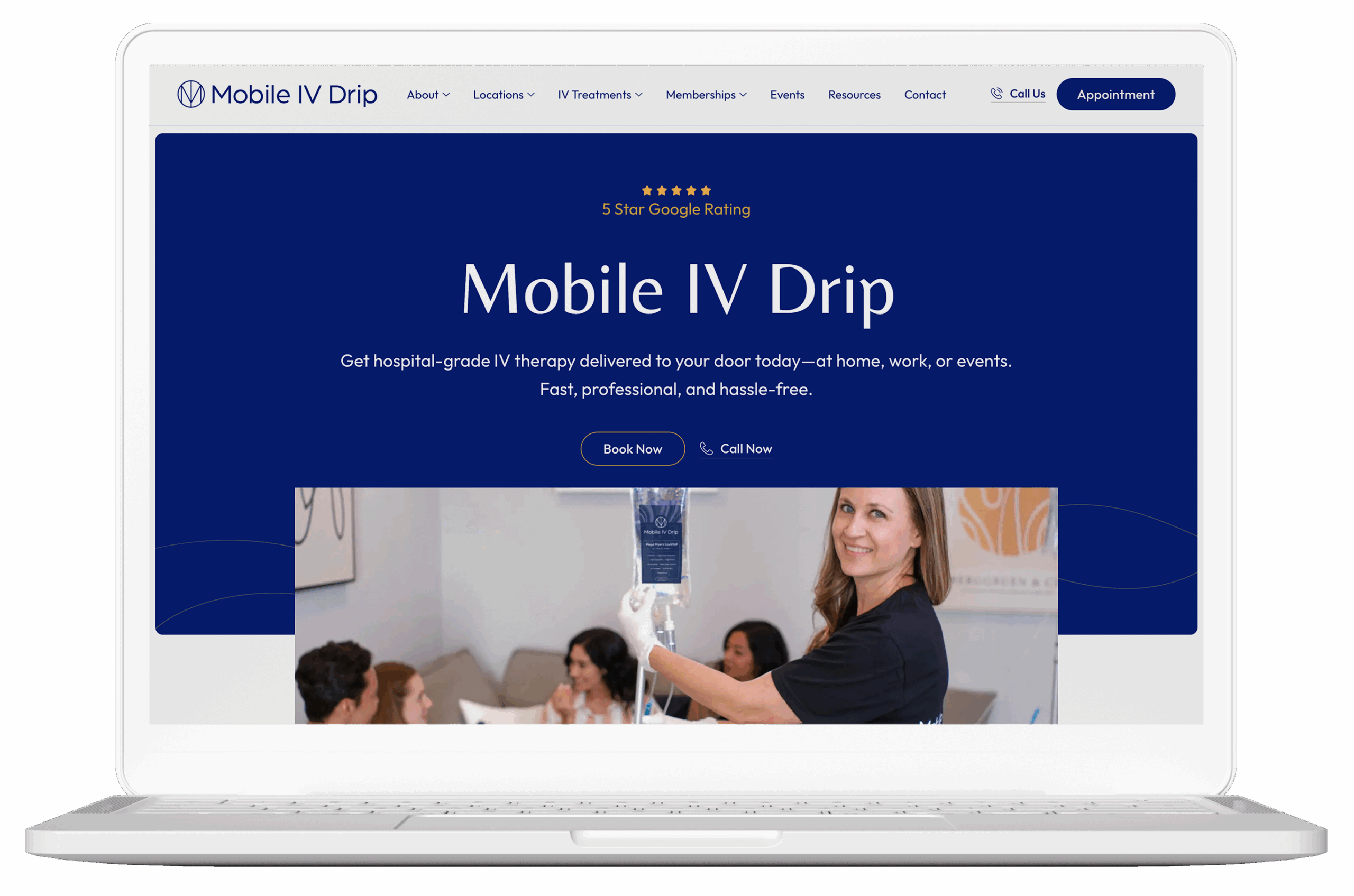Mobile IV therapy service webpage on laptop.