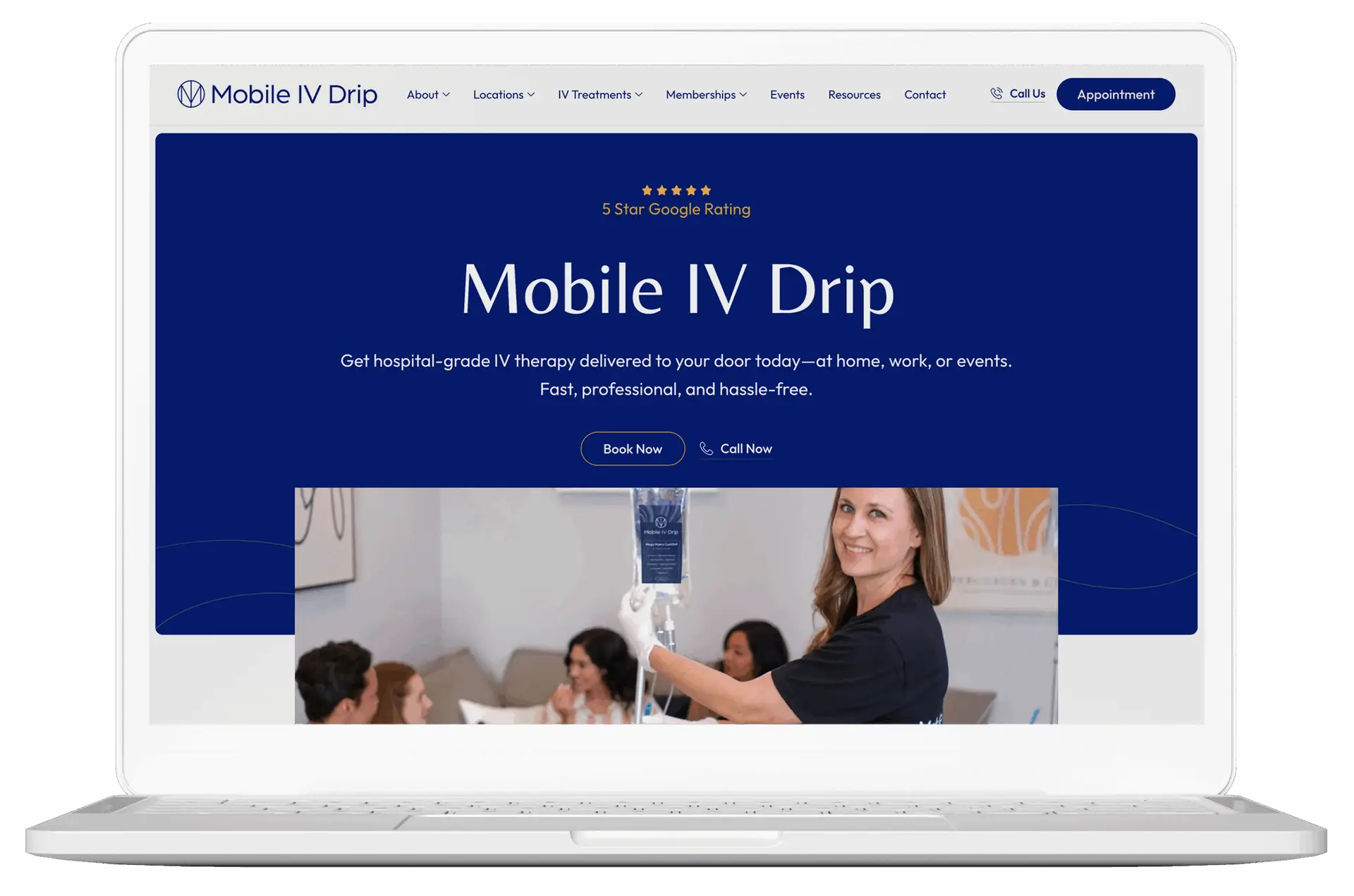 Mobile IV therapy service webpage on laptop.