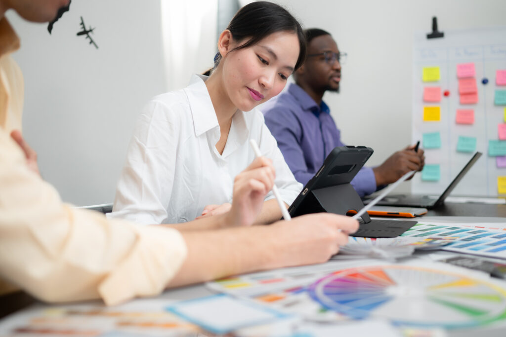 Designers collaborating on color palette project