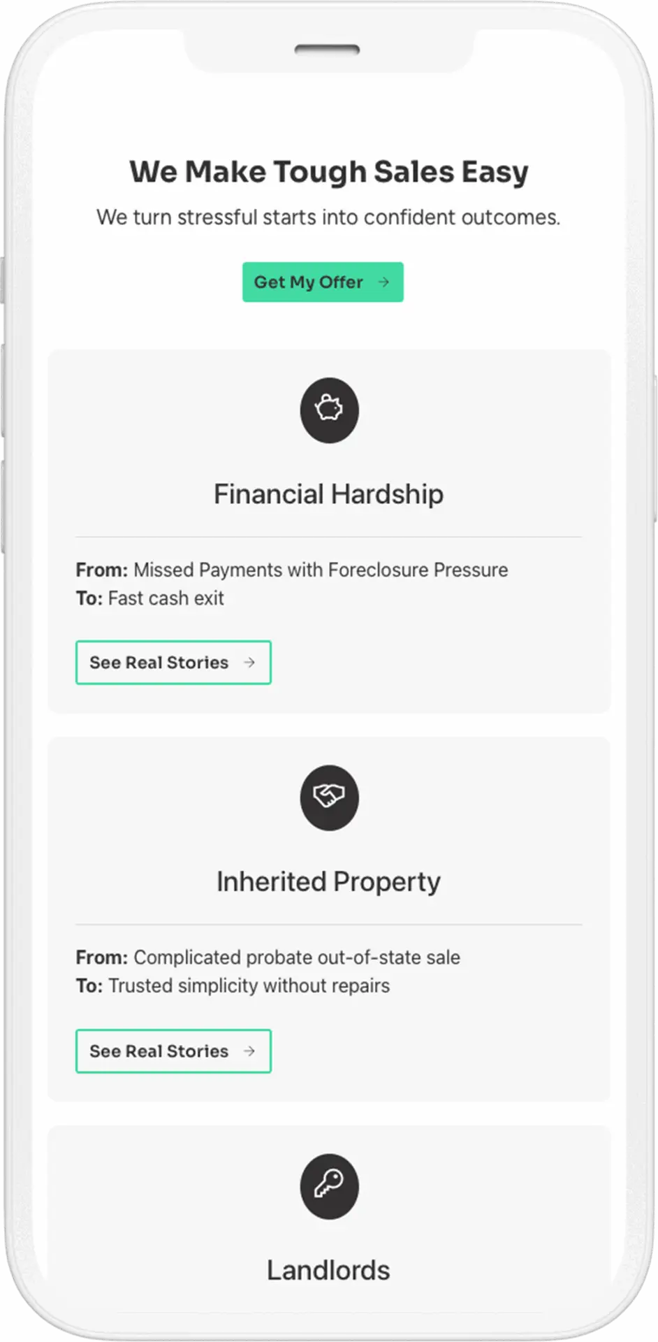 Mobile screen showing real estate sales solutions.