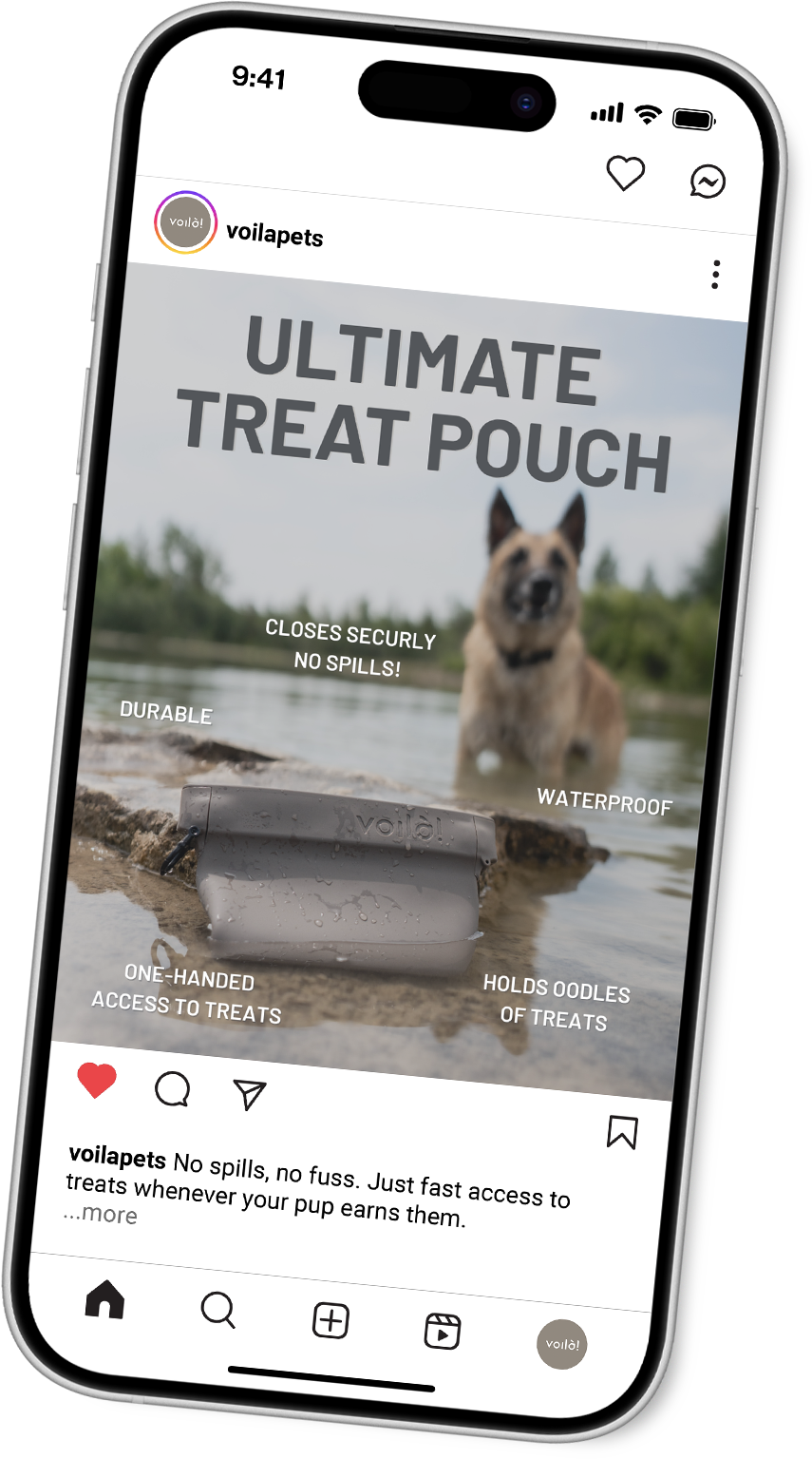 Dog treat pouch by water, durable and waterproof.