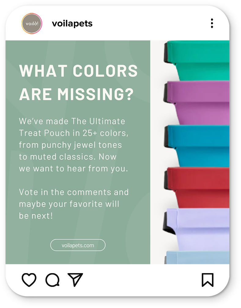 Colorful pet treat pouches with voting invitation.