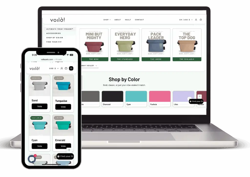 Voila Pets website on laptop and smartphone screens