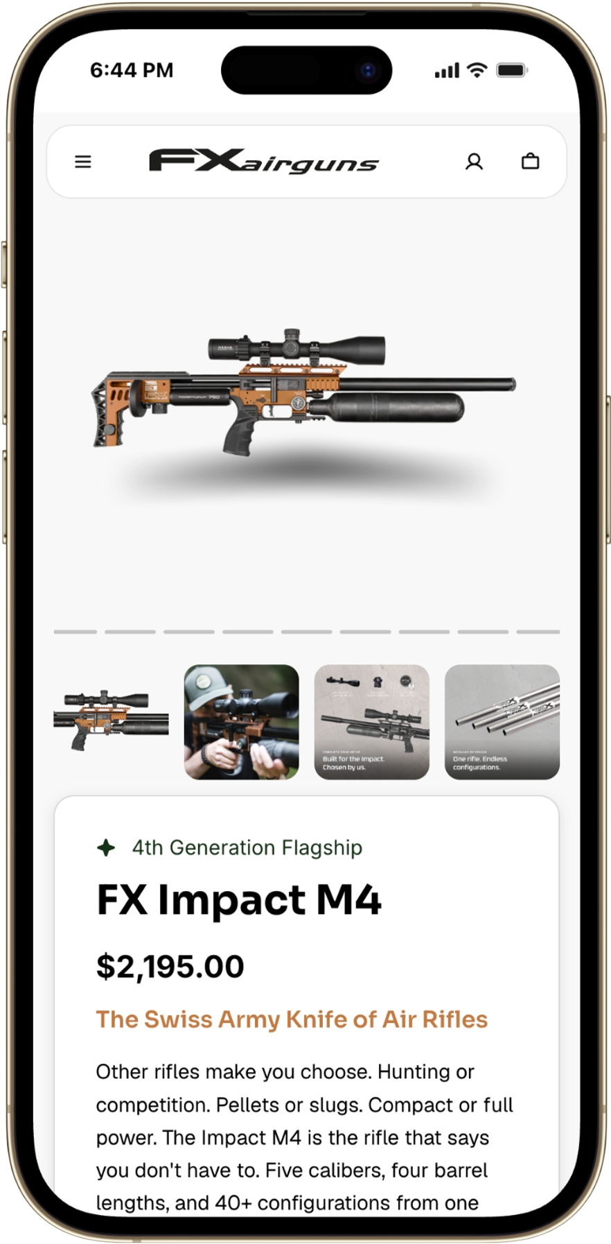 FX Impact M4 product page shown on a phone