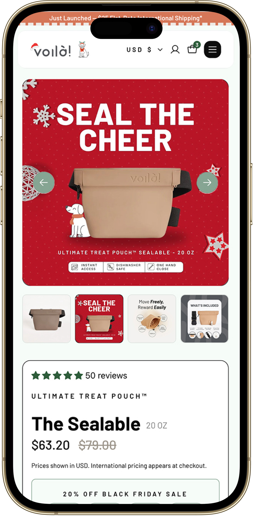Voila Pets holiday product page shown on a phone