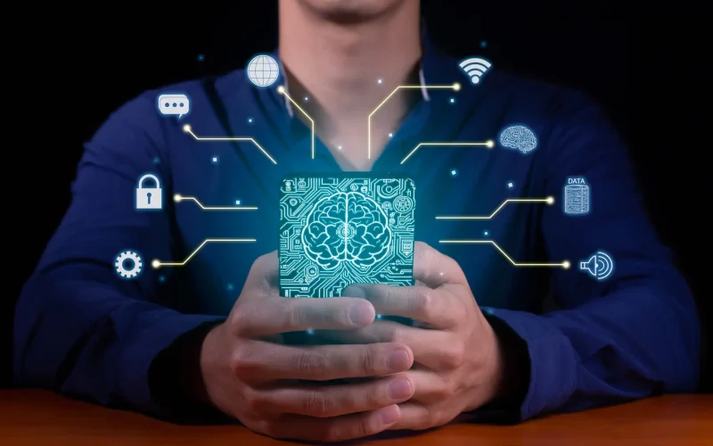 Person holding phone with digital neural network overlay.