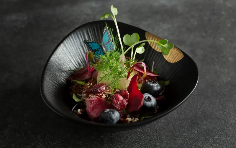 Gourmet dish with berries, greens, and butterfly decor.