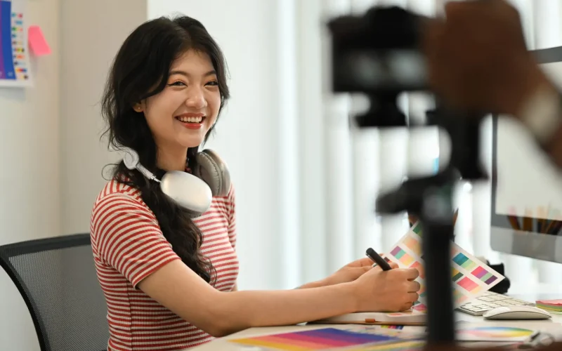 Woman working on color design at desk
