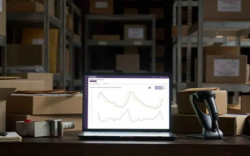 Laptop showing inventory data in warehouse